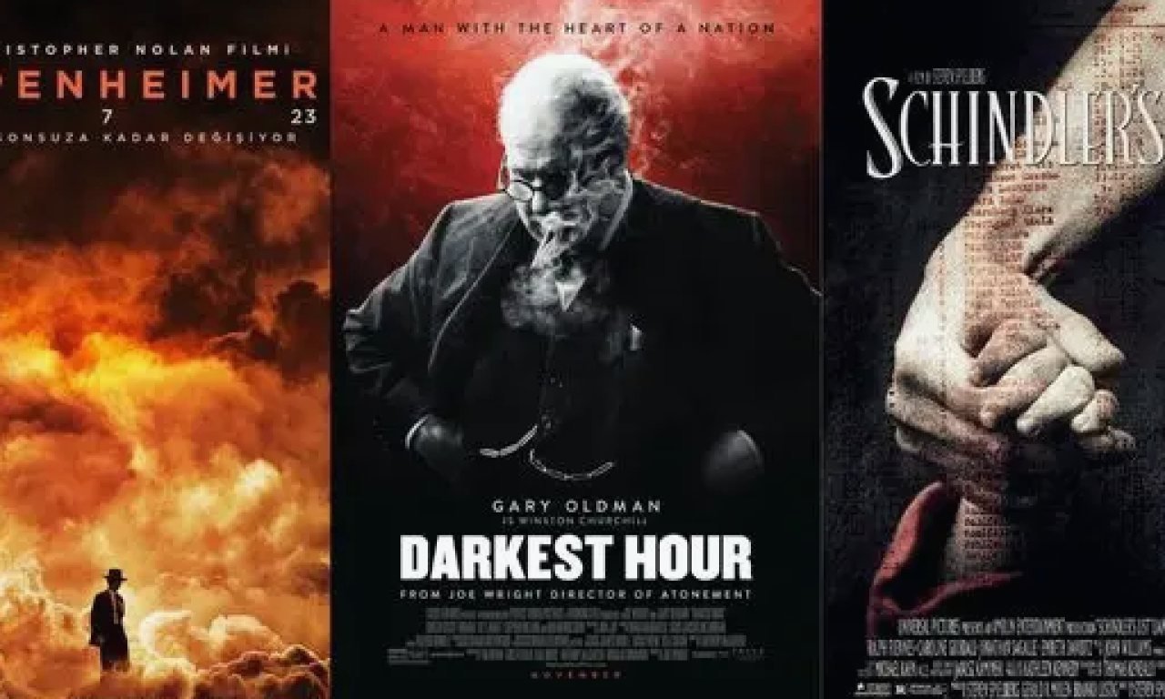 Tarihi ve biyografik filmleri temsil eden sinema makinesi, film makaraları ve klasik arşiv odası konsepti.