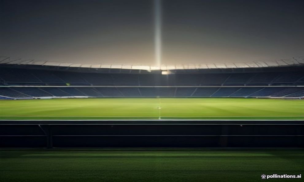 Gece ışıklandırılmış modern bir futbol stadyumu ve masada duran kupa ile finansal grafikleri temsil eden editoryal haber görseli.